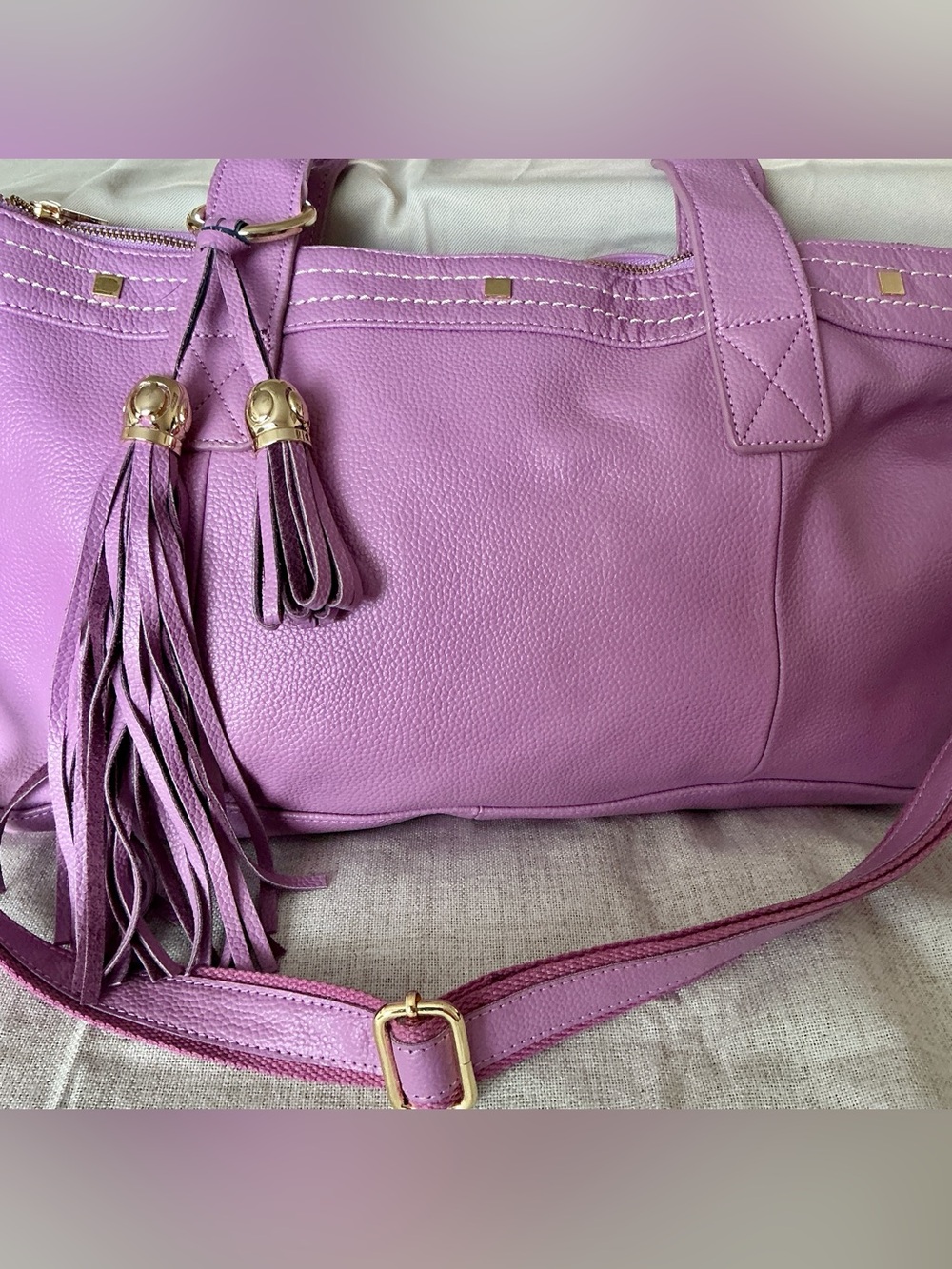 Cuore & Pelle Lilac Pebbled Leather Satchel Crossbody Tassel Bag NWOT